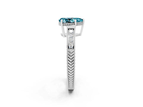 White gold Pear Cut Blue Topaz Ring with Milgrain Pavé Band and Four-Prong Setting_14