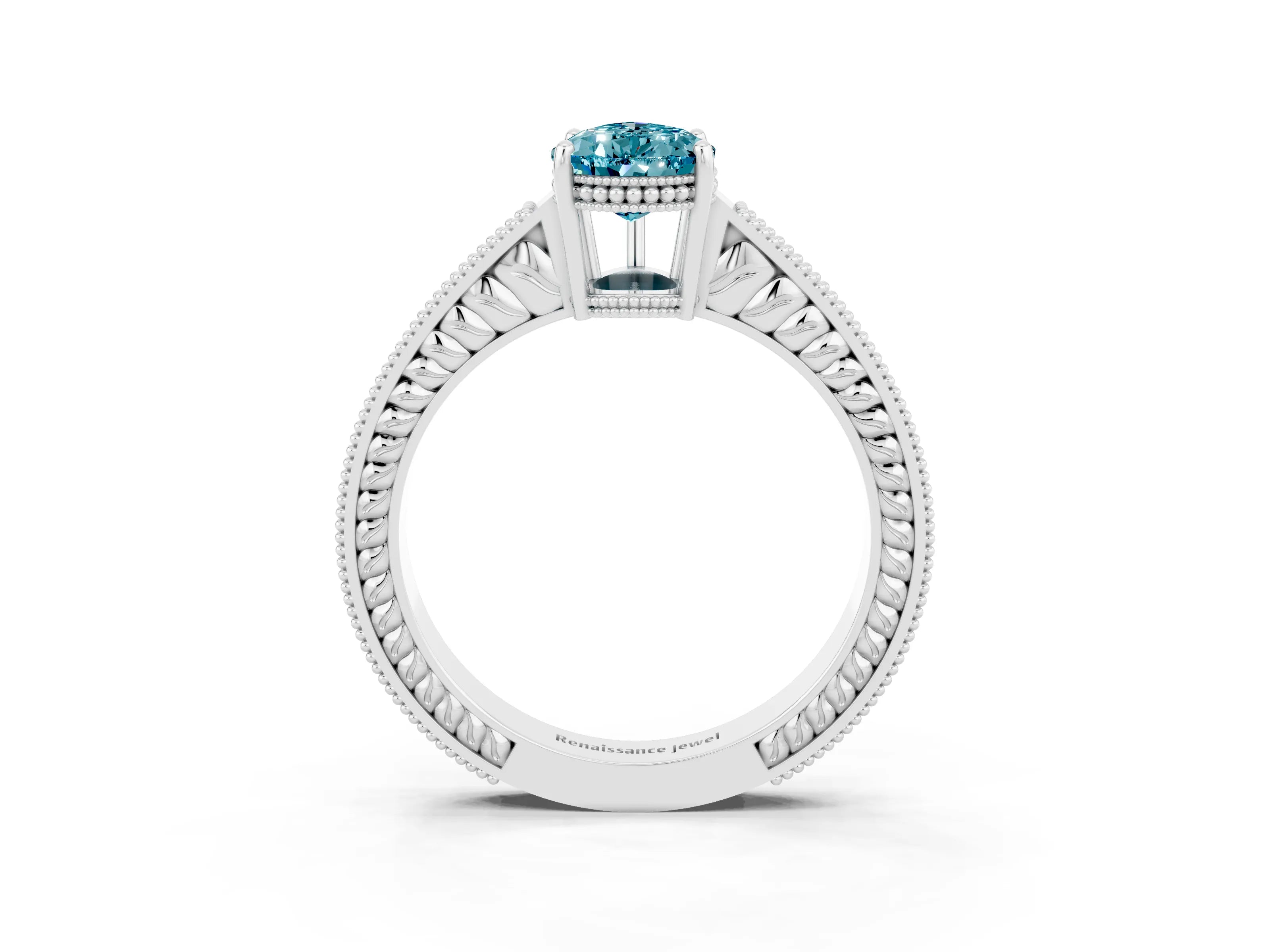 White gold Pear Cut Blue Topaz Ring with Milgrain Pavé Band and Four-Prong Setting_15