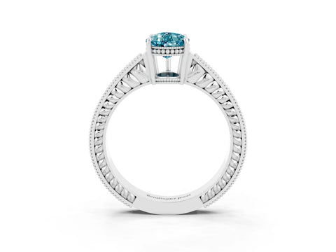 White gold Pear Cut Blue Topaz Ring with Milgrain Pavé Band and Four-Prong Setting_15