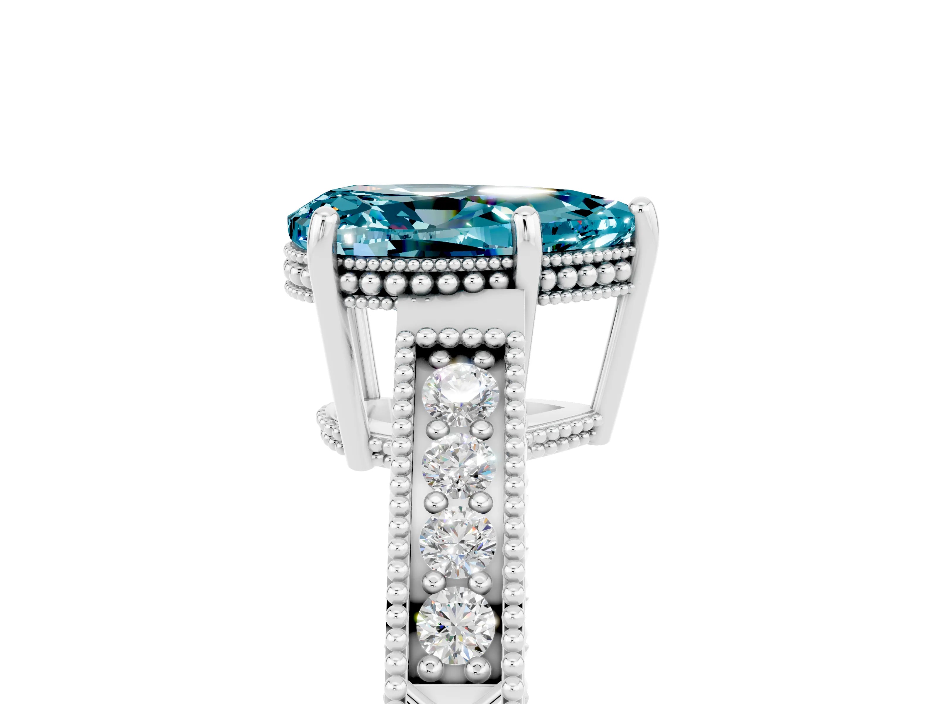 White gold Pear Cut Blue Topaz Ring with Milgrain Pavé Band and Four-Prong Setting_17