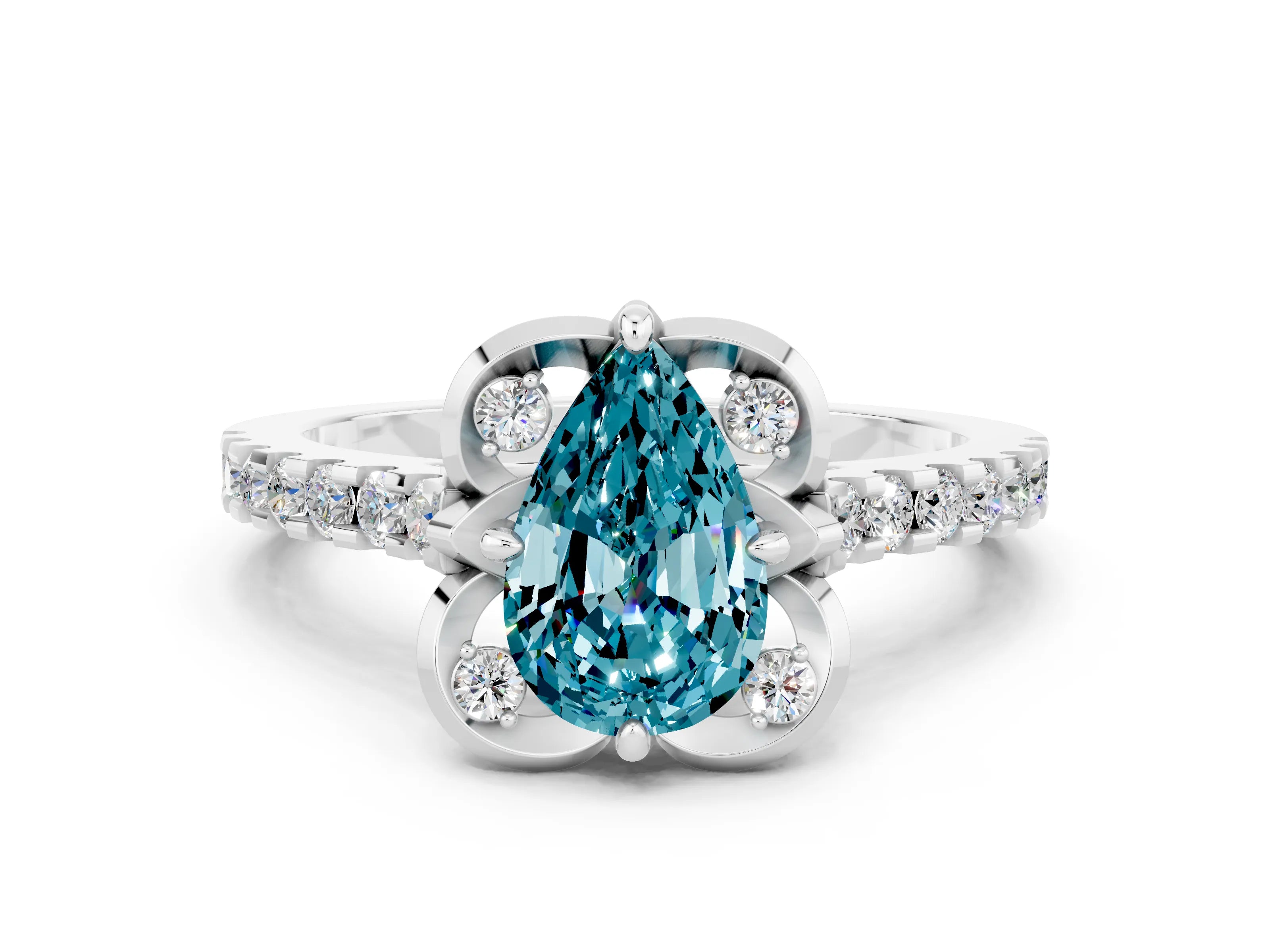 White gold Pear Cut Blue Topaz Ring with Pavé Band and Floral Prong Setting