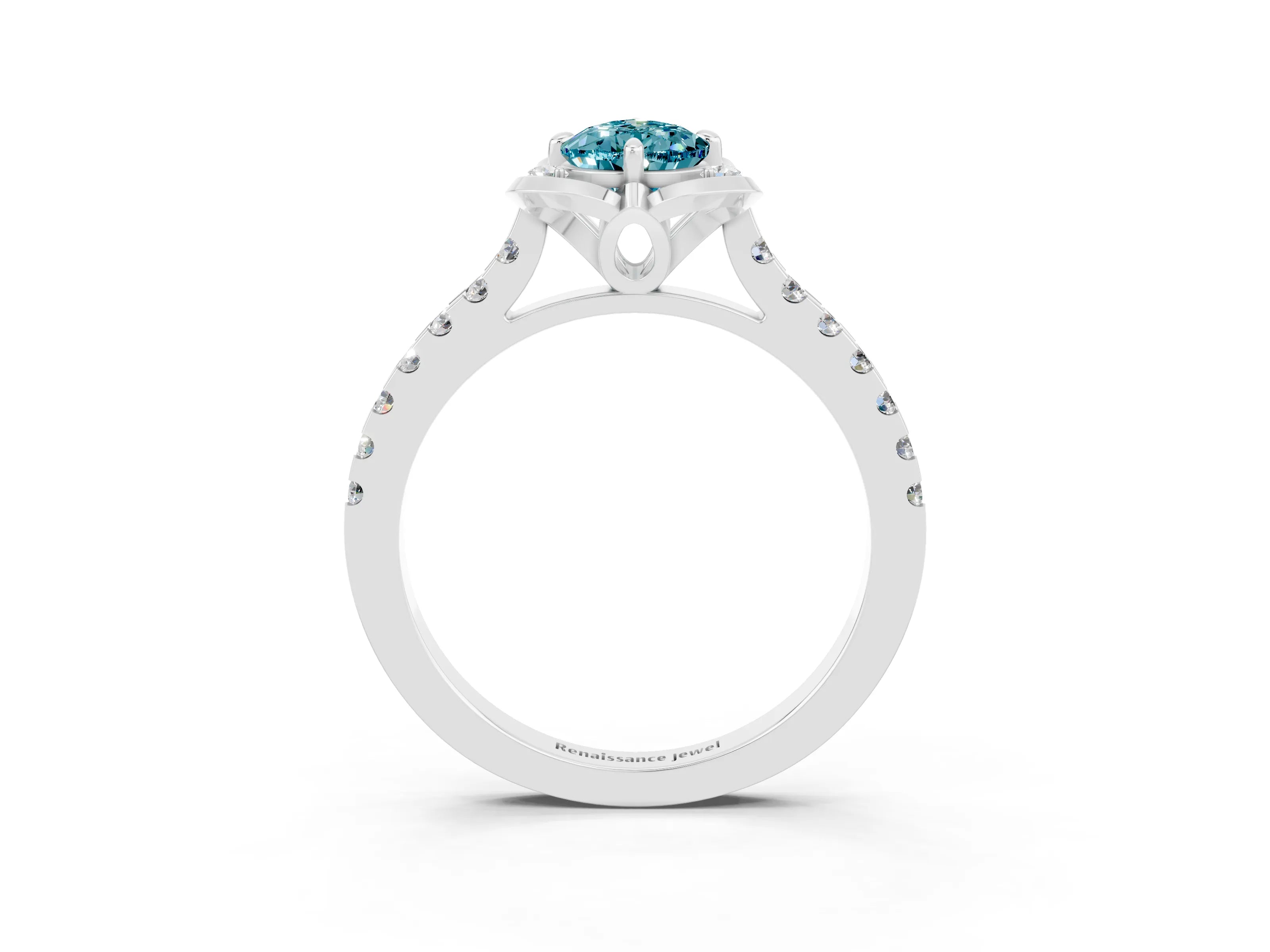 White gold Pear Cut Blue Topaz Ring with Pavé Band and Floral Prong Setting_3