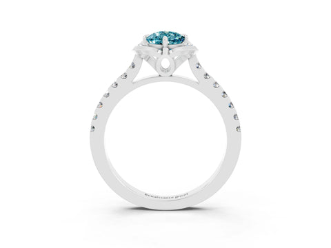 White gold Pear Cut Blue Topaz Ring with Pavé Band and Floral Prong Setting_3