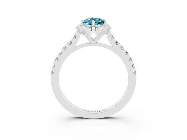 Silver Pear Cut Blue Topaz Ring with Pavé Band and Floral Prong Setting