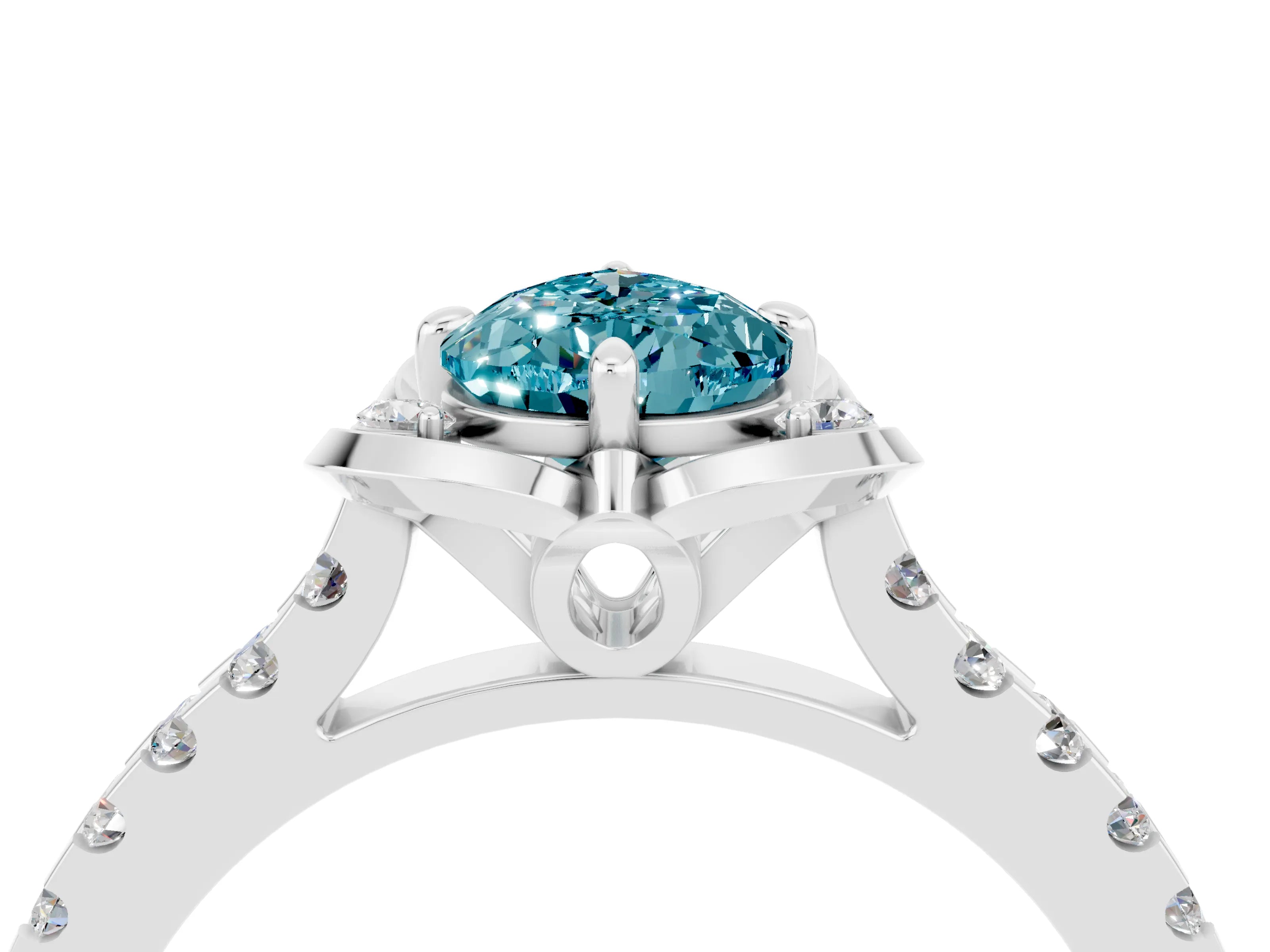 White gold Pear Cut Blue Topaz Ring with Pavé Band and Floral Prong Setting_4