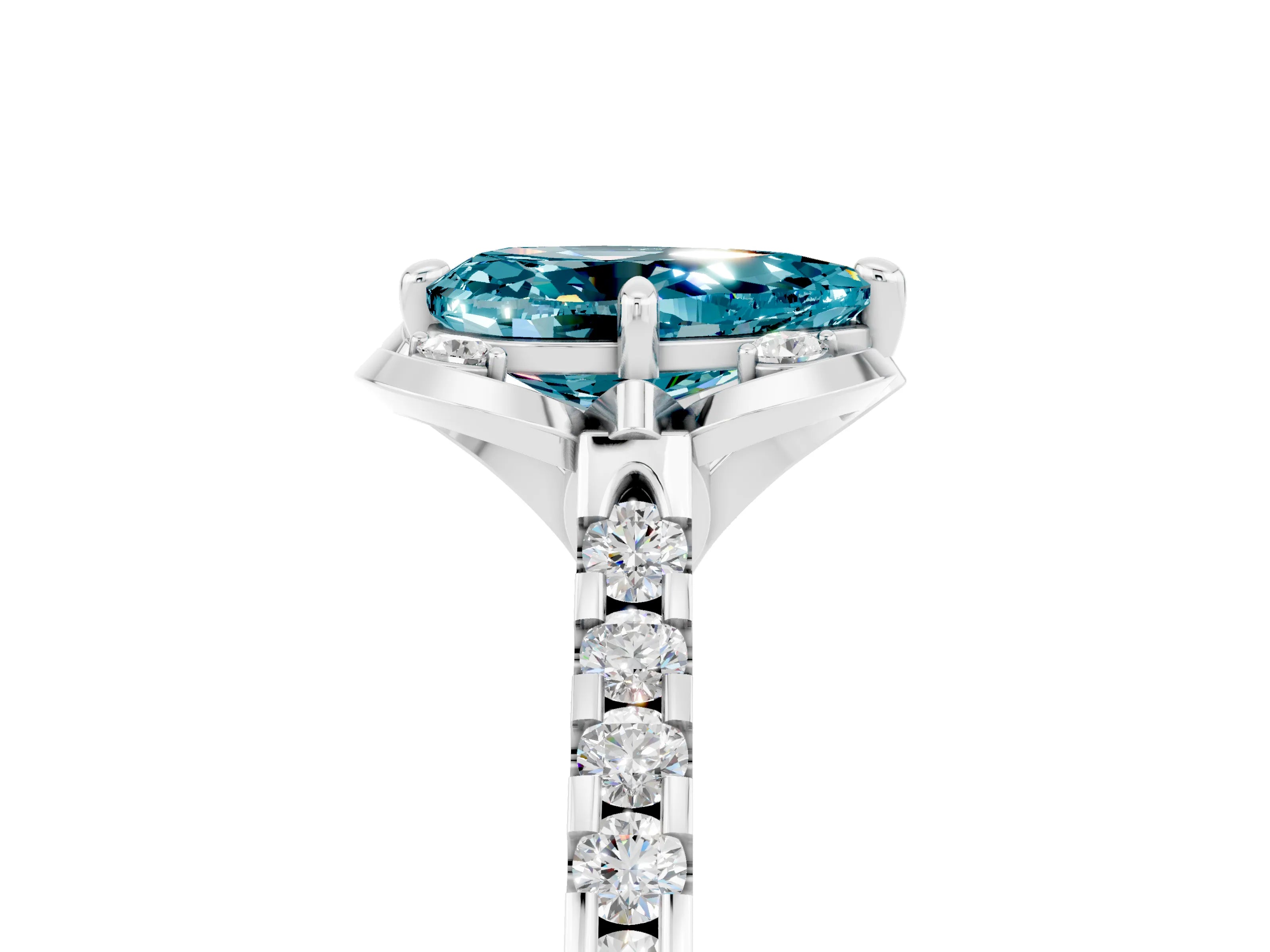 White gold Pear Cut Blue Topaz Ring with Pavé Band and Floral Prong Setting_5