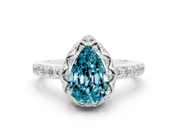 Silver Pear Cut Blue Topaz Scalloped Halo Engagement Ring with Round Shared Prong Band