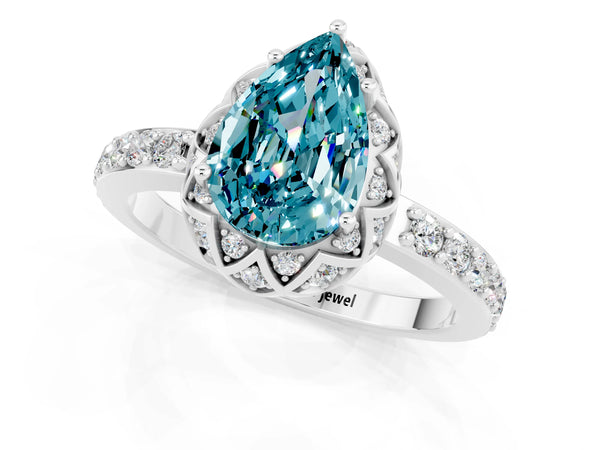 Silver Pear Cut Blue Topaz Scalloped Halo Engagement Ring with Round Shared Prong Band