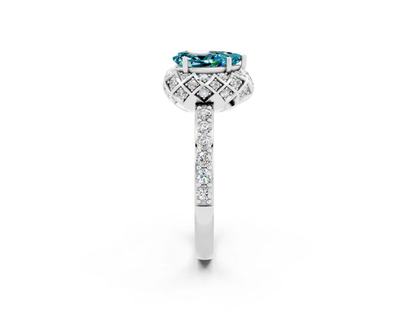 Platinum Pear Cut Blue Topaz Scalloped Halo Engagement Ring with Round Shared Prong Band
