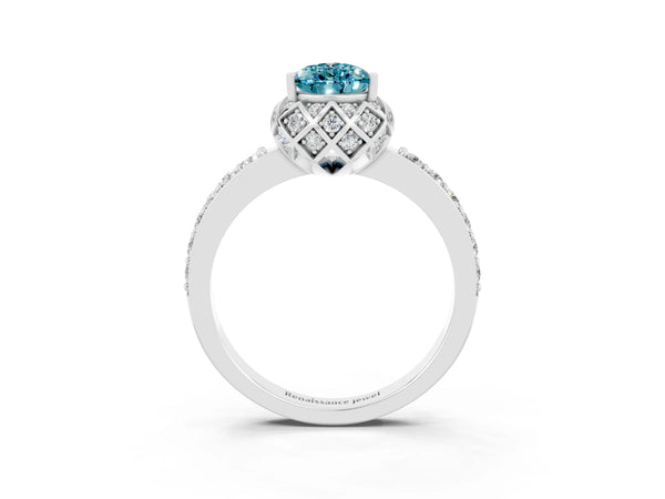 White gold Pear Cut Blue Topaz Scalloped Halo Engagement Ring with Round Shared Prong Band