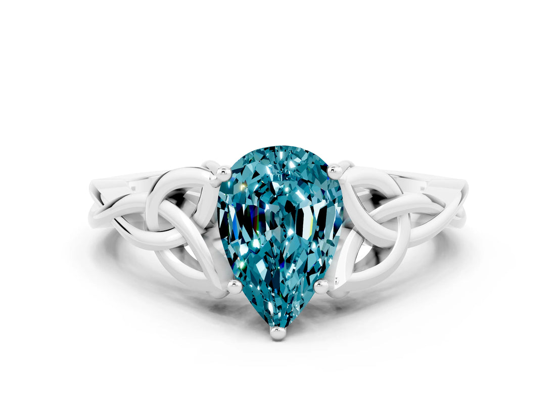 White gold Pear Cut Blue Topaz Solitaire Celtic Knot Ring with Four-Prong Setting_12