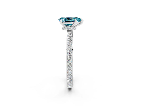 Silver Pear Cut Blue Topaz Solitaire Engagement Ring with Pavé Band and Four-Prong Setting