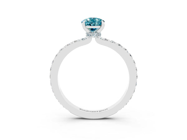 Silver Pear Cut Blue Topaz Solitaire Engagement Ring with Pavé Band and Four-Prong Setting