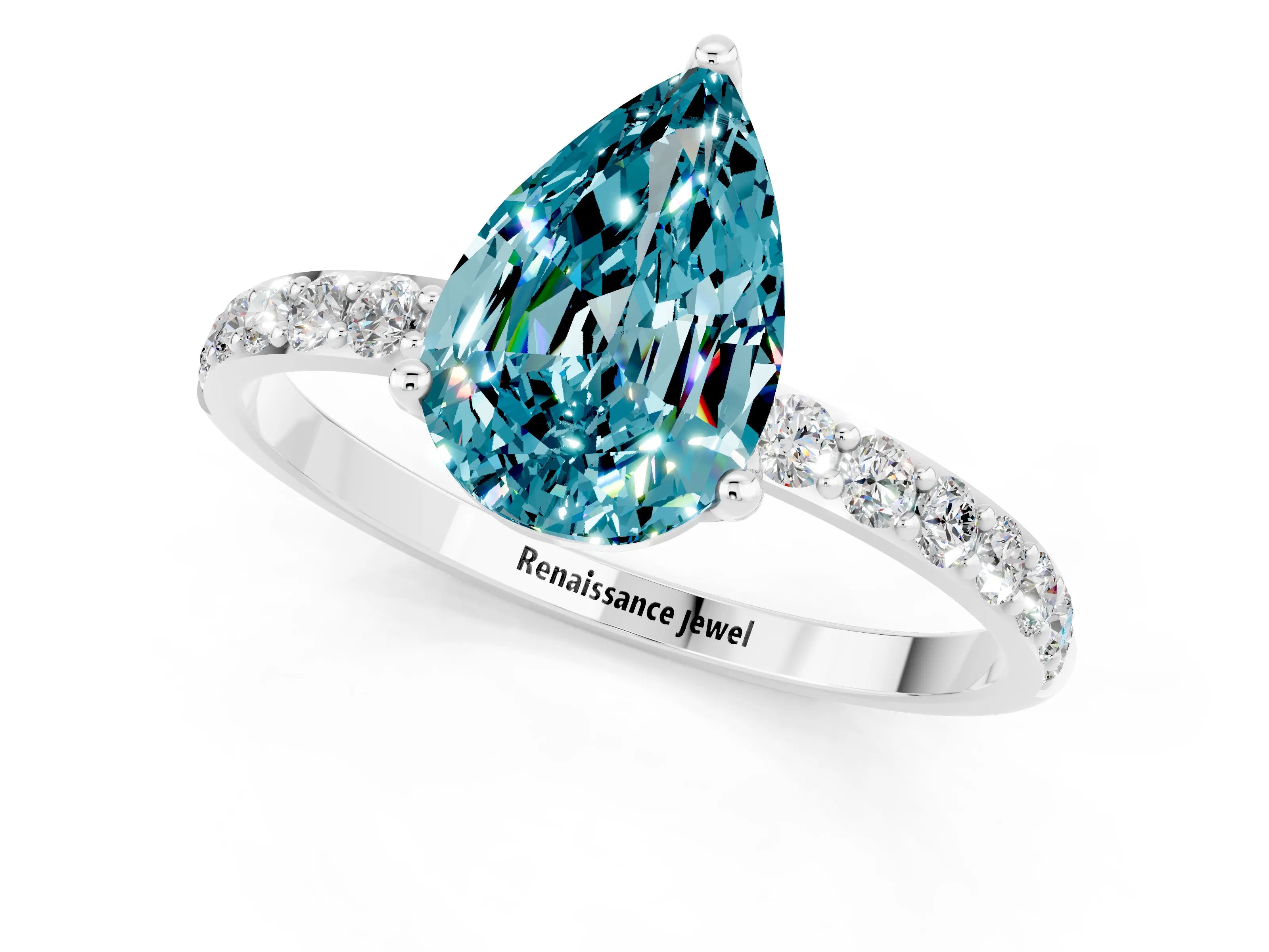 White gold Pear Cut Blue Topaz Solitaire Engagement Ring with Pavé Band and Prong Setting_1