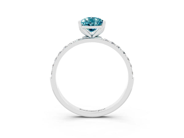 Silver Pear Cut Blue Topaz Solitaire Engagement Ring with Round  Pavé Band and Prong Setting