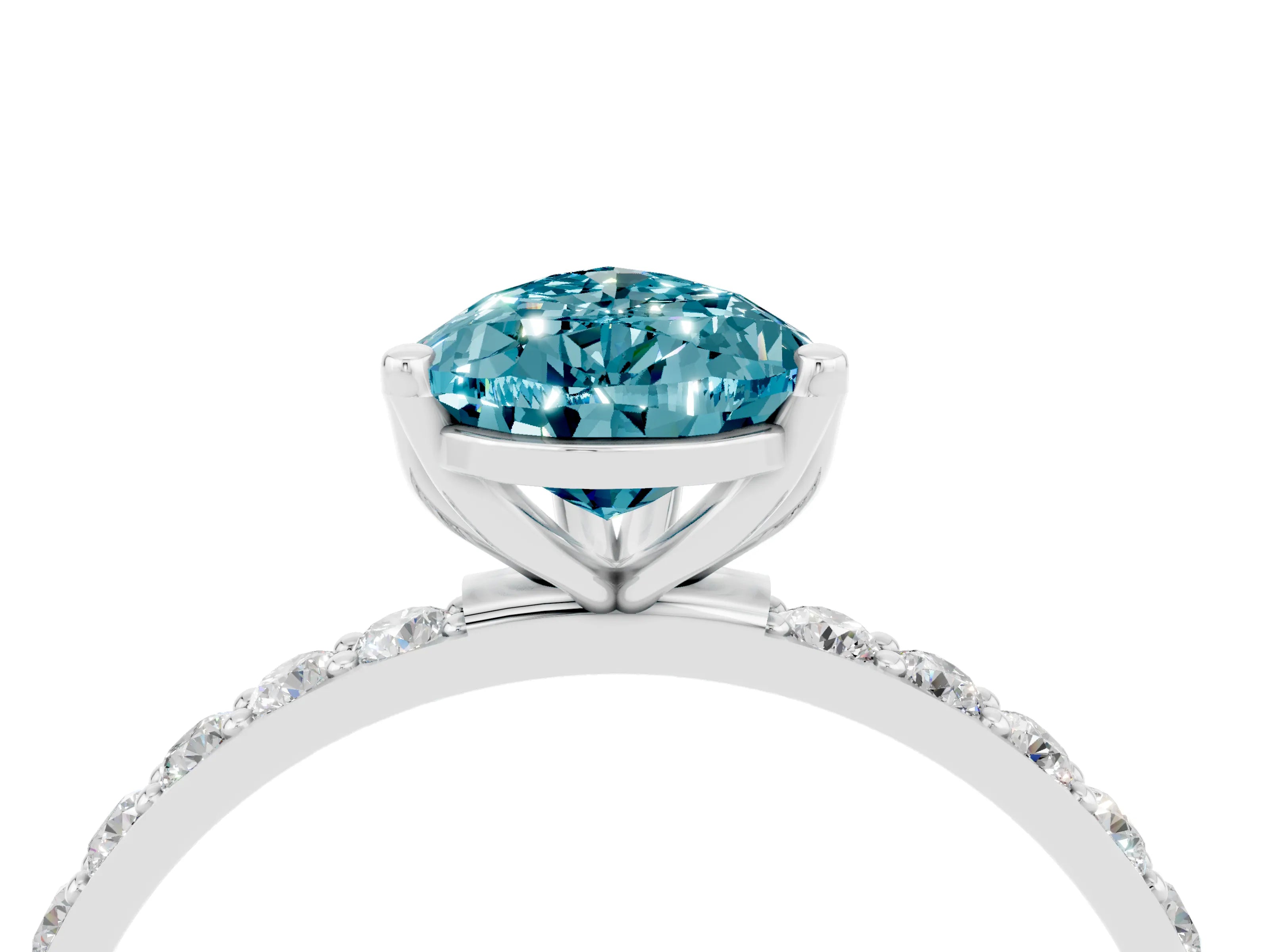 White gold Pear Cut Blue Topaz Solitaire Engagement Ring with Pavé Band and Prong Setting_4