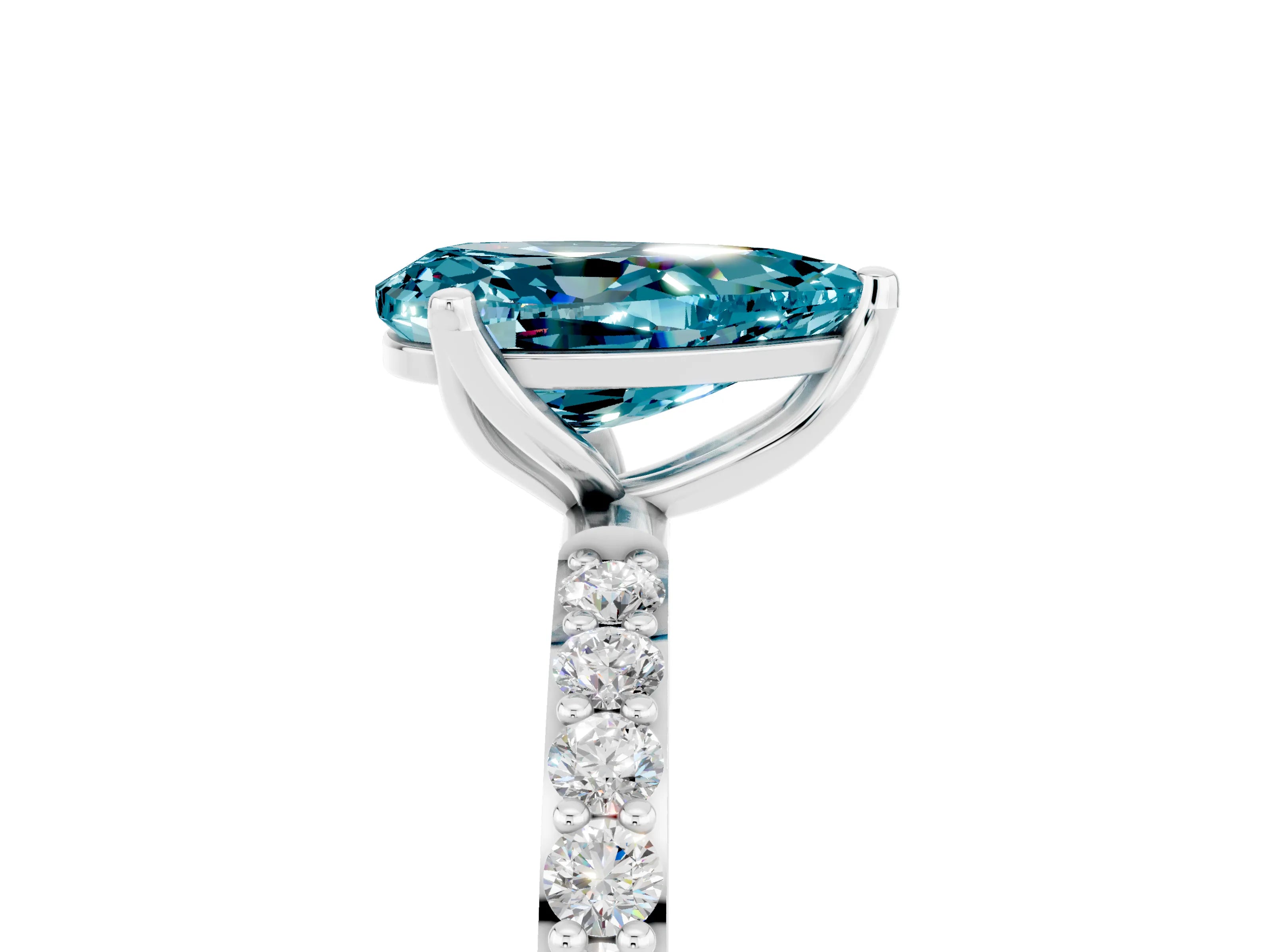 White gold Pear Cut Blue Topaz Solitaire Engagement Ring with Pavé Band and Prong Setting_5