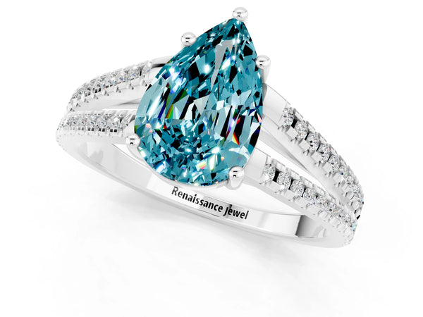Silver Pear Cut Blue Topaz Solitaire Engagement Ring with Split Shank Pavé Band
