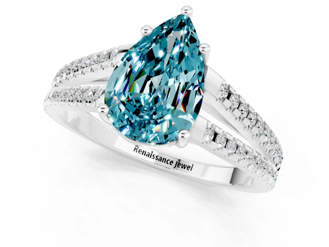 White gold Pear Cut Blue Topaz Solitaire Engagement Ring with Split Shank Pavé Band_1
