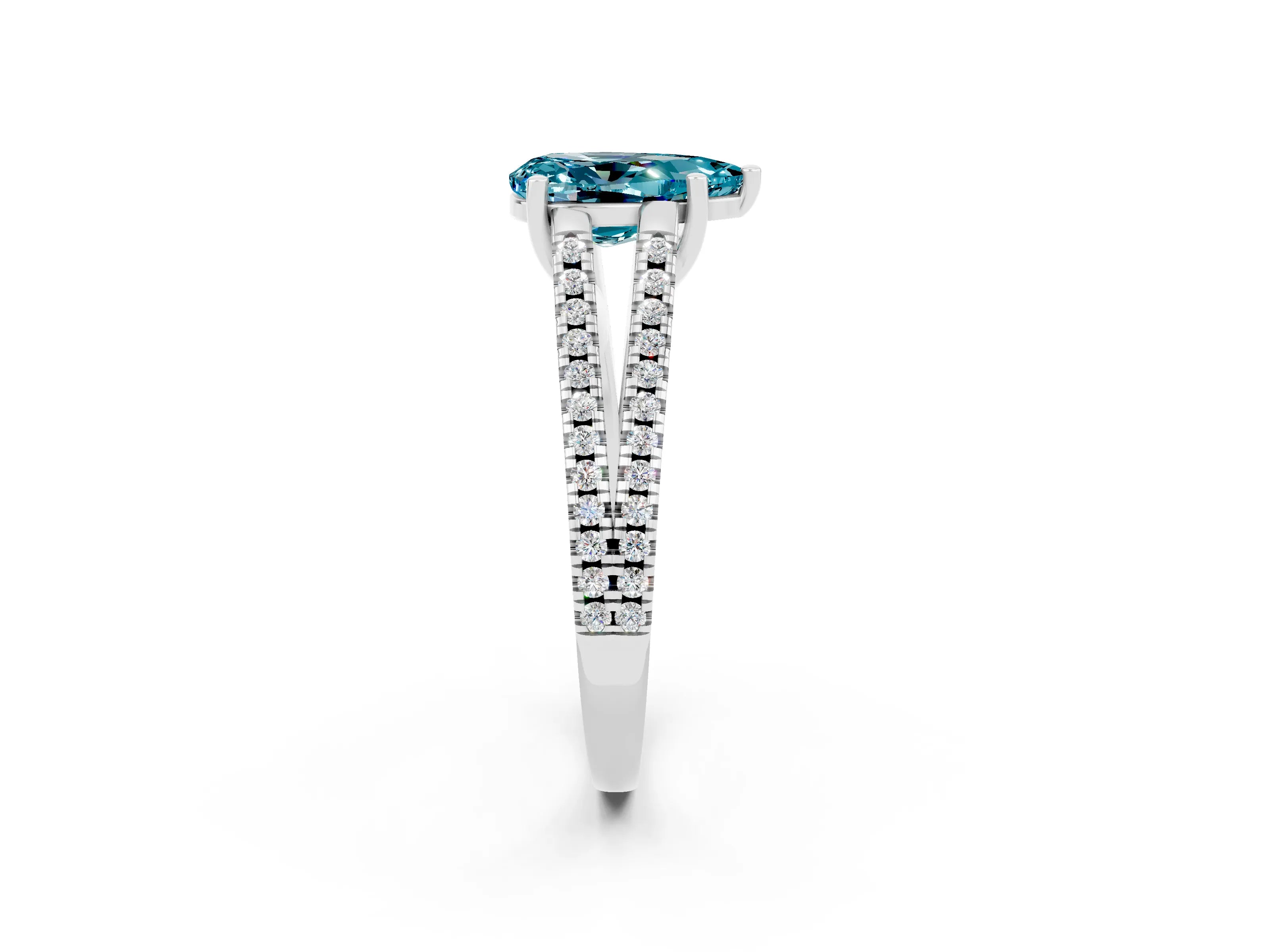White gold Pear Cut Blue Topaz Solitaire Engagement Ring with Split Shank Pavé Band_2