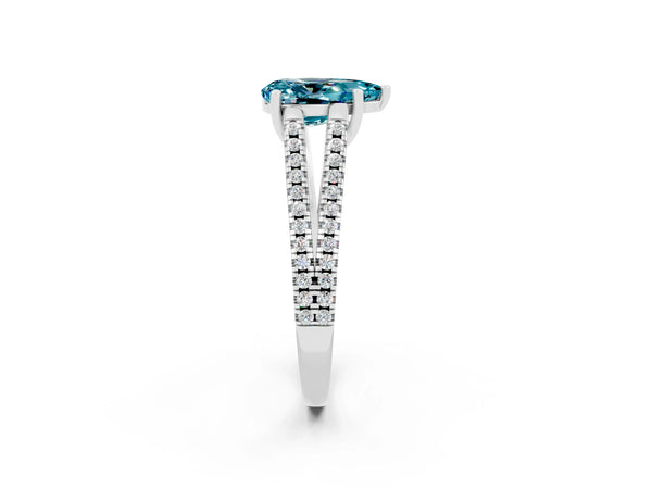Silver Pear Cut Blue Topaz Solitaire Engagement Ring with Split Shank Pavé Band