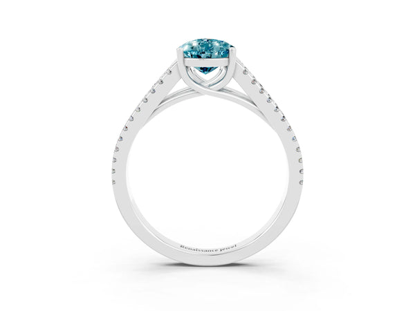White gold Pear Cut Blue Topaz Solitaire Engagement Ring with Split Shank Pavé Band