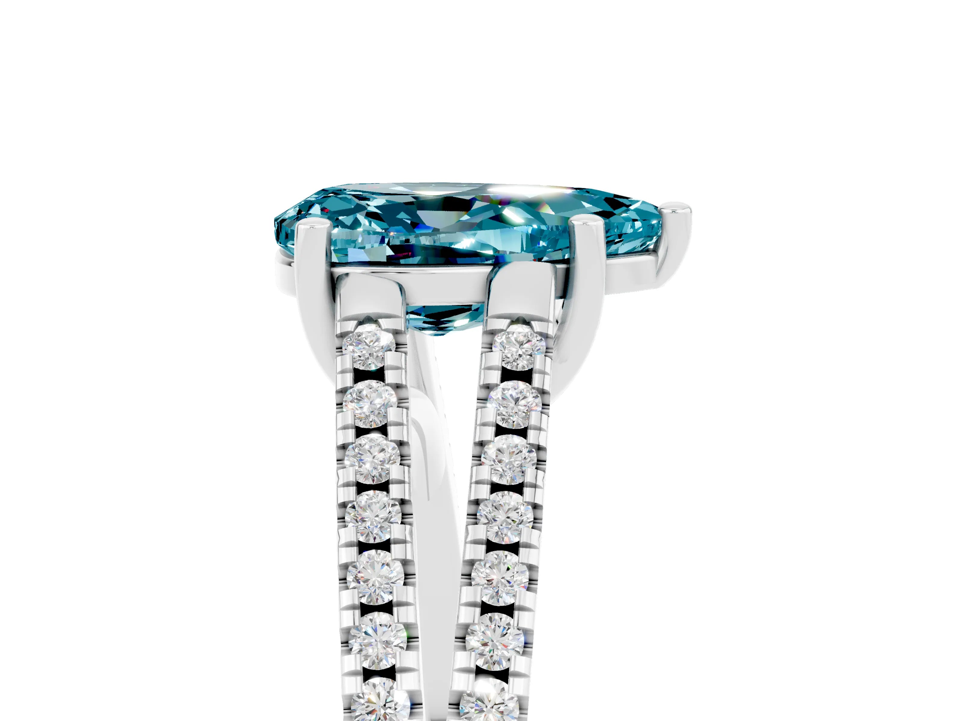 White gold Pear Cut Blue Topaz Solitaire Engagement Ring with Split Shank Pavé Band_5
