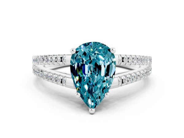 White gold Pear Cut Blue Topaz Solitaire Engagement Ring with Split Shank Pavé Band