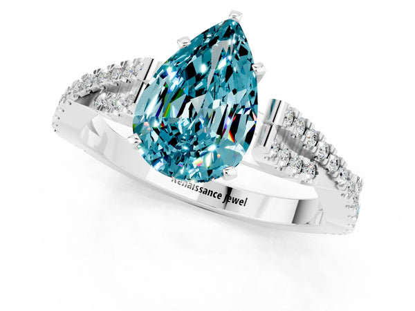 White gold Pear Cut Blue Topaz Solitaire Engagement Ring with Twisted Pavé Band and Four-Prong Setting