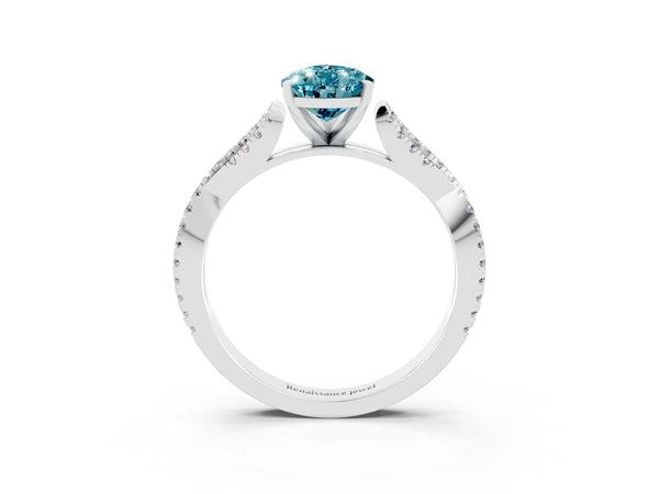 Platinum Pear Cut Blue Topaz Solitaire Engagement Ring with Twisted Pavé Band and Four-Prong Setting