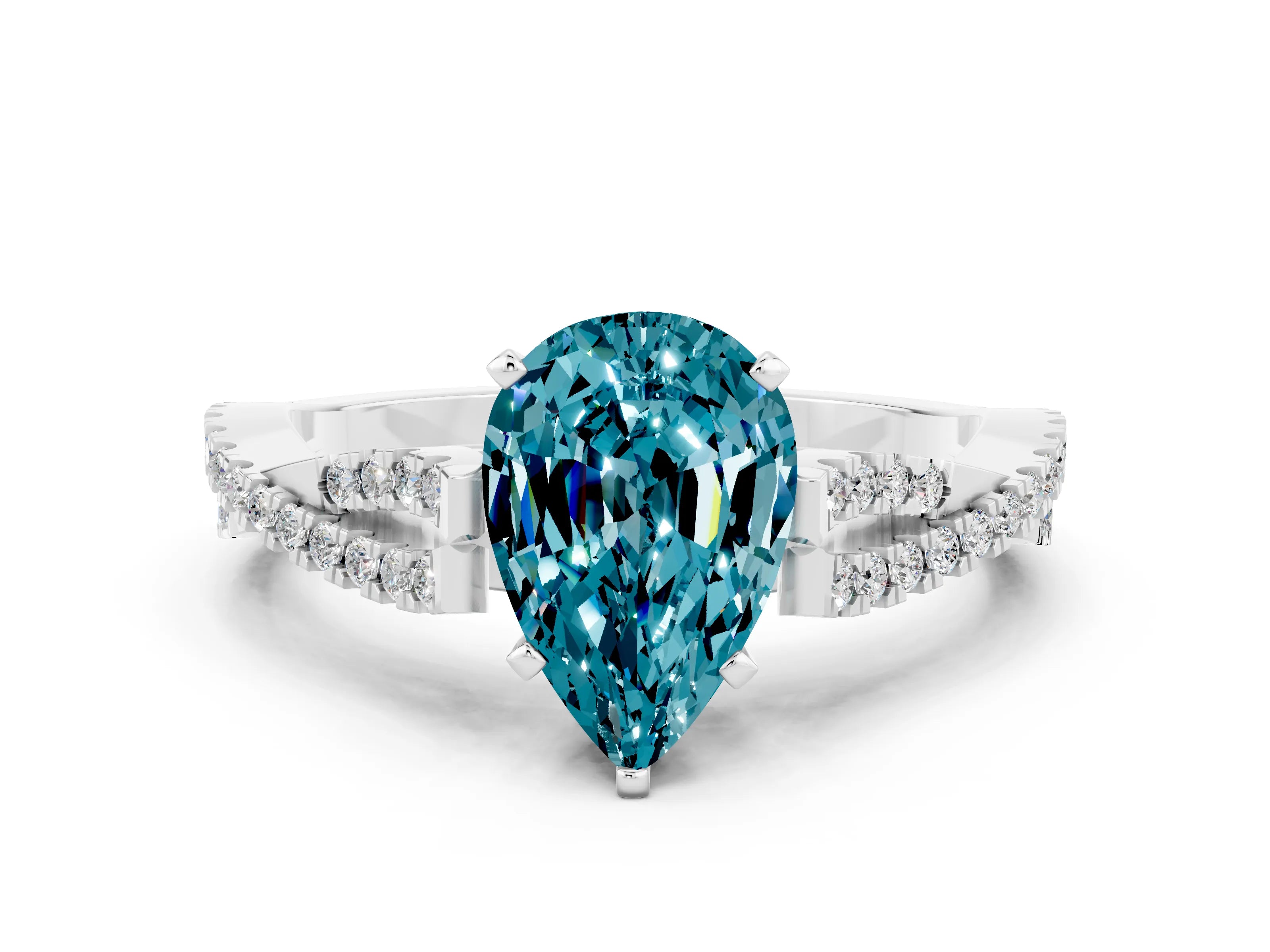 White gold Pear Cut Blue Topaz Solitaire Engagement Ring with Twisted Pavé Band and Four-Prong Setting