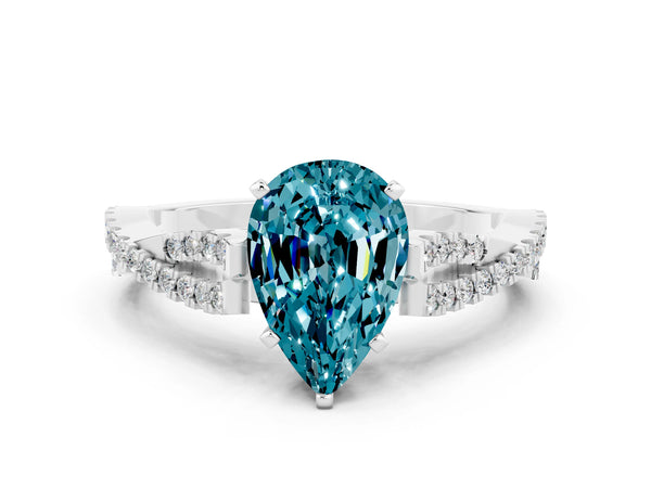 White gold Pear Cut Blue Topaz Solitaire Engagement Ring with Twisted Pavé Band and Four-Prong Setting