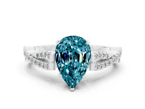 White gold Pear Cut Blue Topaz Solitaire Engagement Ring with Twisted Pavé Band and Four-Prong Setting