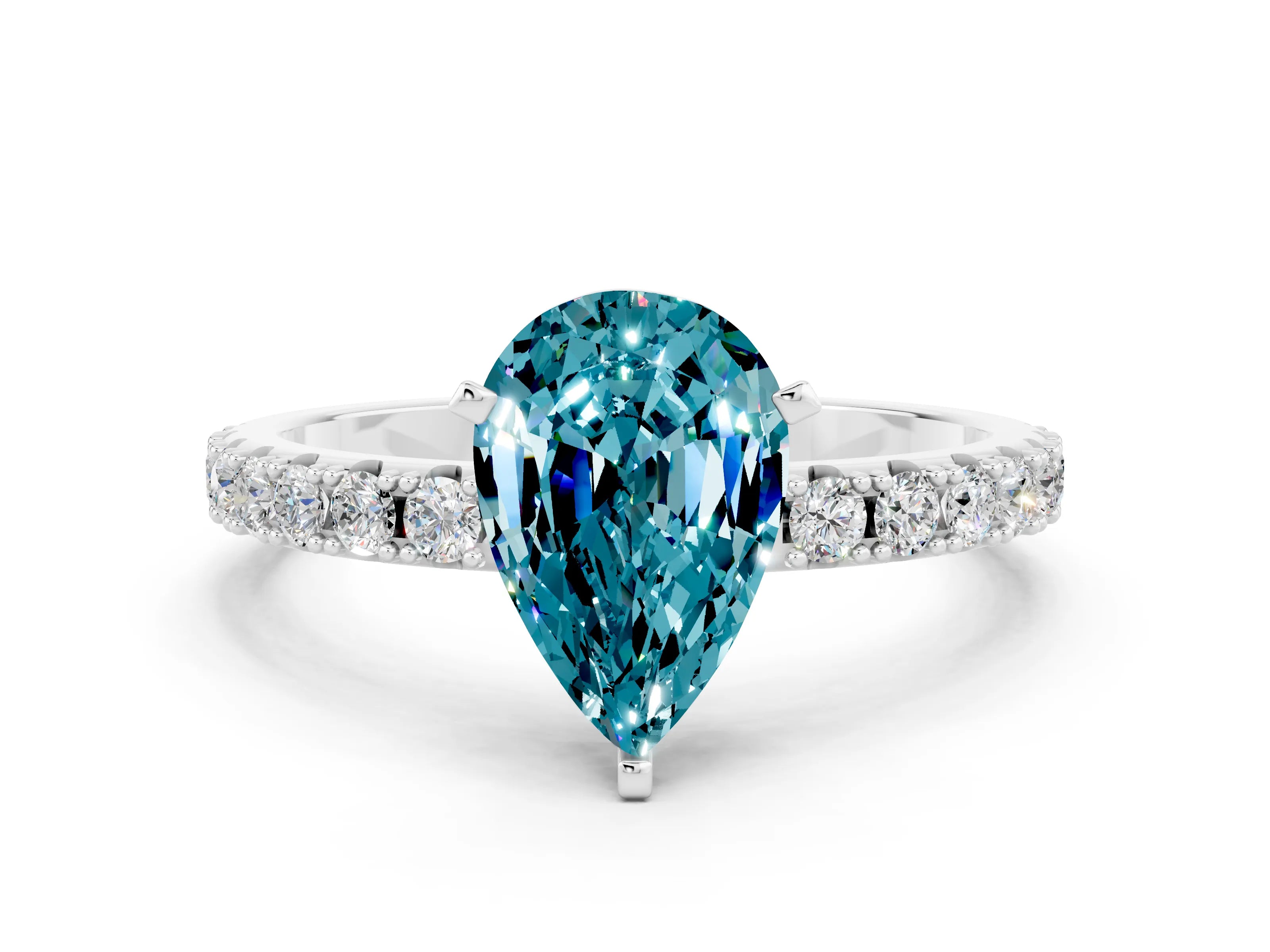 White gold Pear Cut Blue Topaz Solitaire Pavé Band with Four-Prong Setting