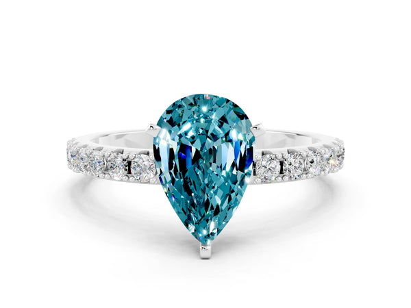 Platinum Pear Cut Blue Topaz Solitaire Pavé Band with Four-Prong Setting