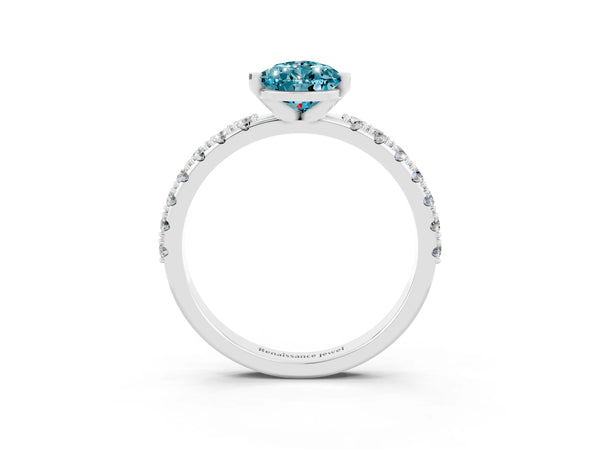 Platinum Pear Cut Blue Topaz Solitaire Pavé Band with Four-Prong Setting