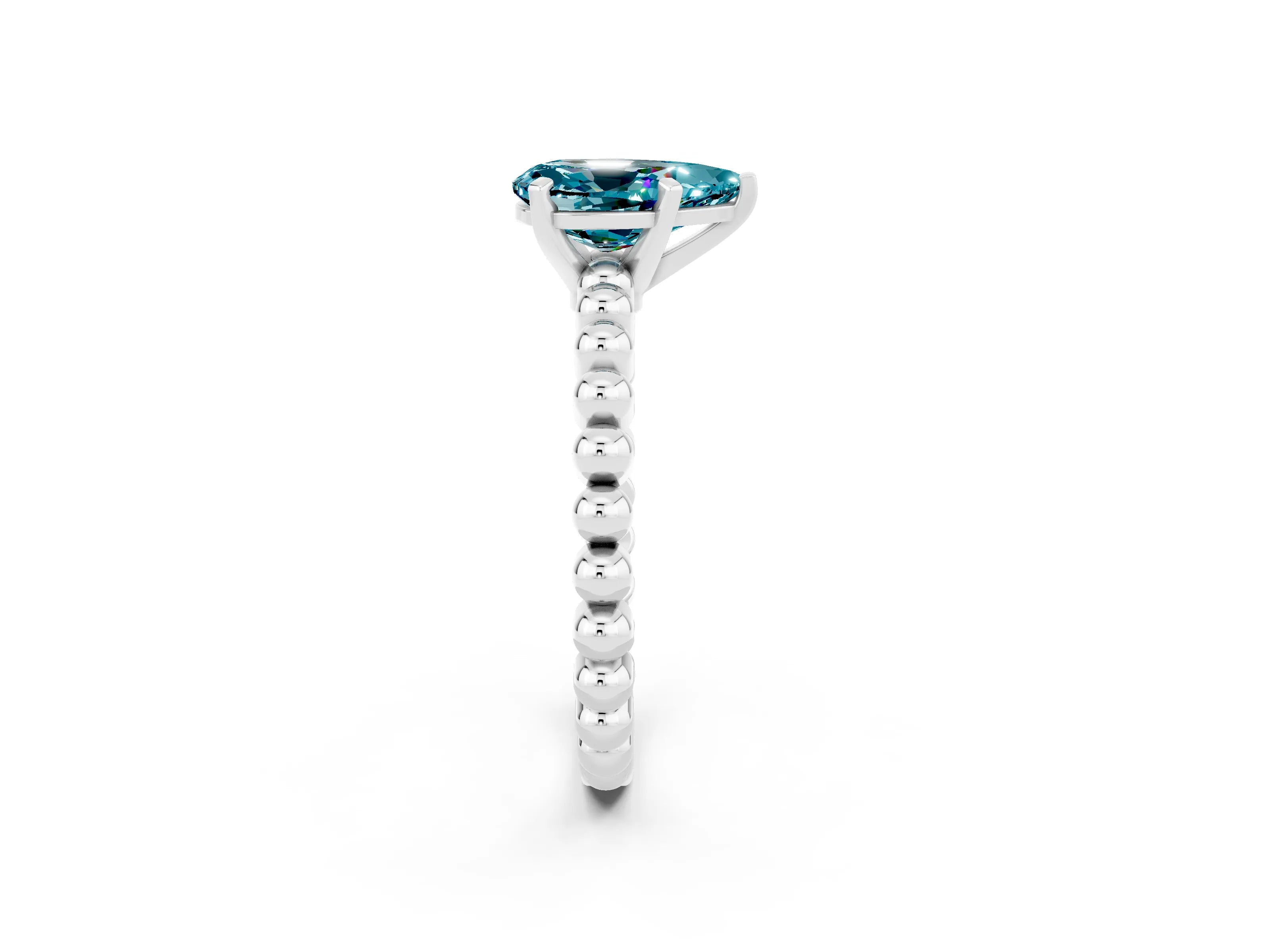 White gold Pear Cut Blue Topaz Solitaire Ring with Beaded Band and Prong Setting_14