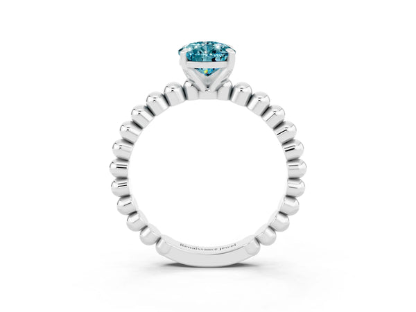 White gold Pear Cut Blue Topaz Solitaire Ring with Beaded Band and Prong Setting