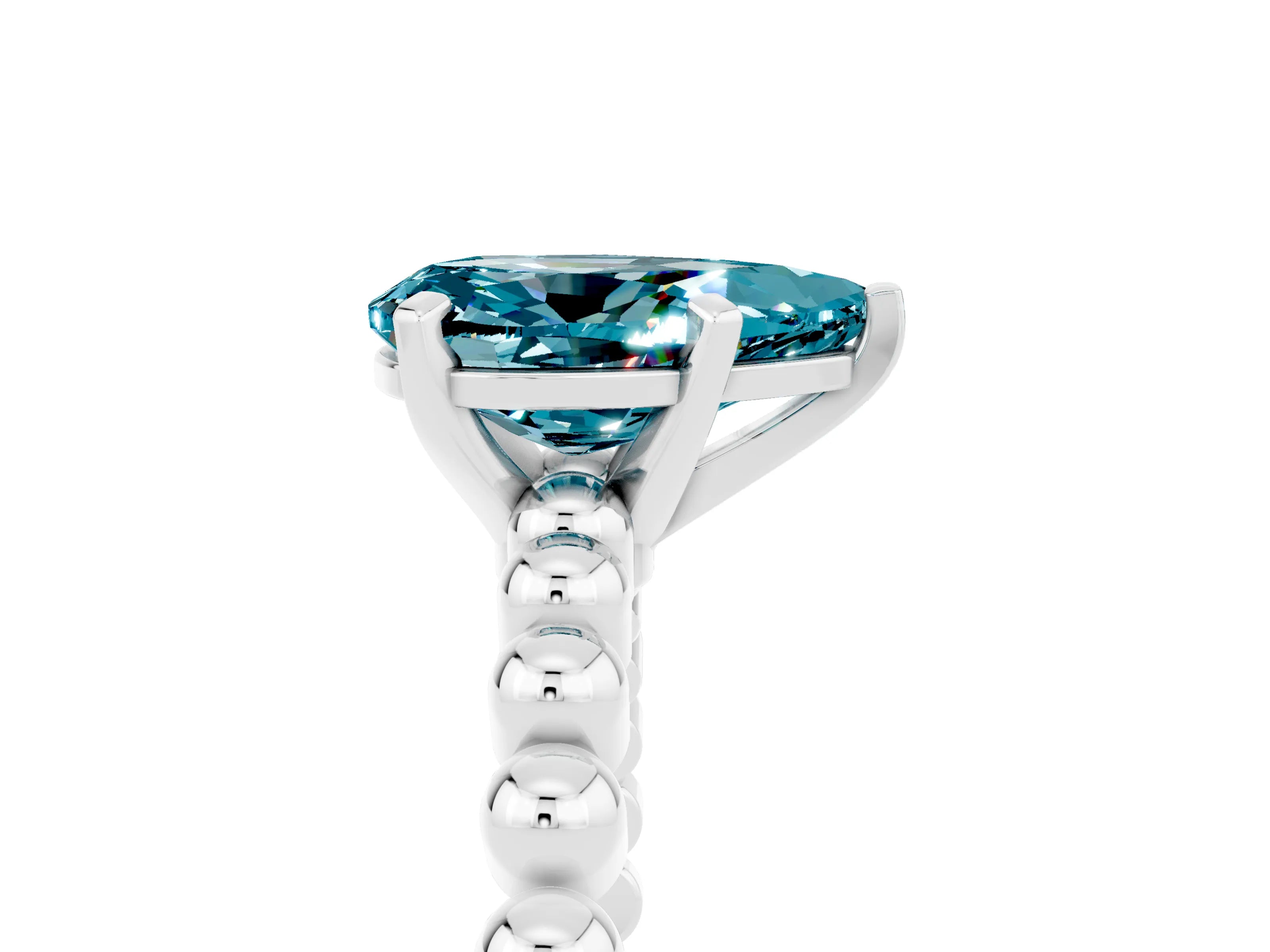 White gold Pear Cut Blue Topaz Solitaire Ring with Beaded Band and Prong Setting_17
