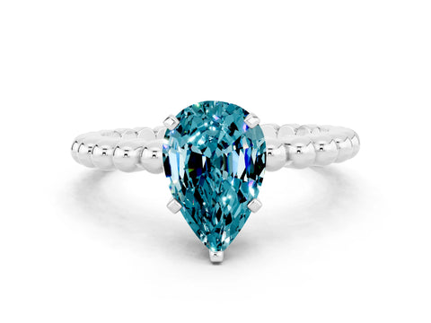 White gold Pear Cut Blue Topaz Solitaire Ring with Beaded Band and Prong Setting