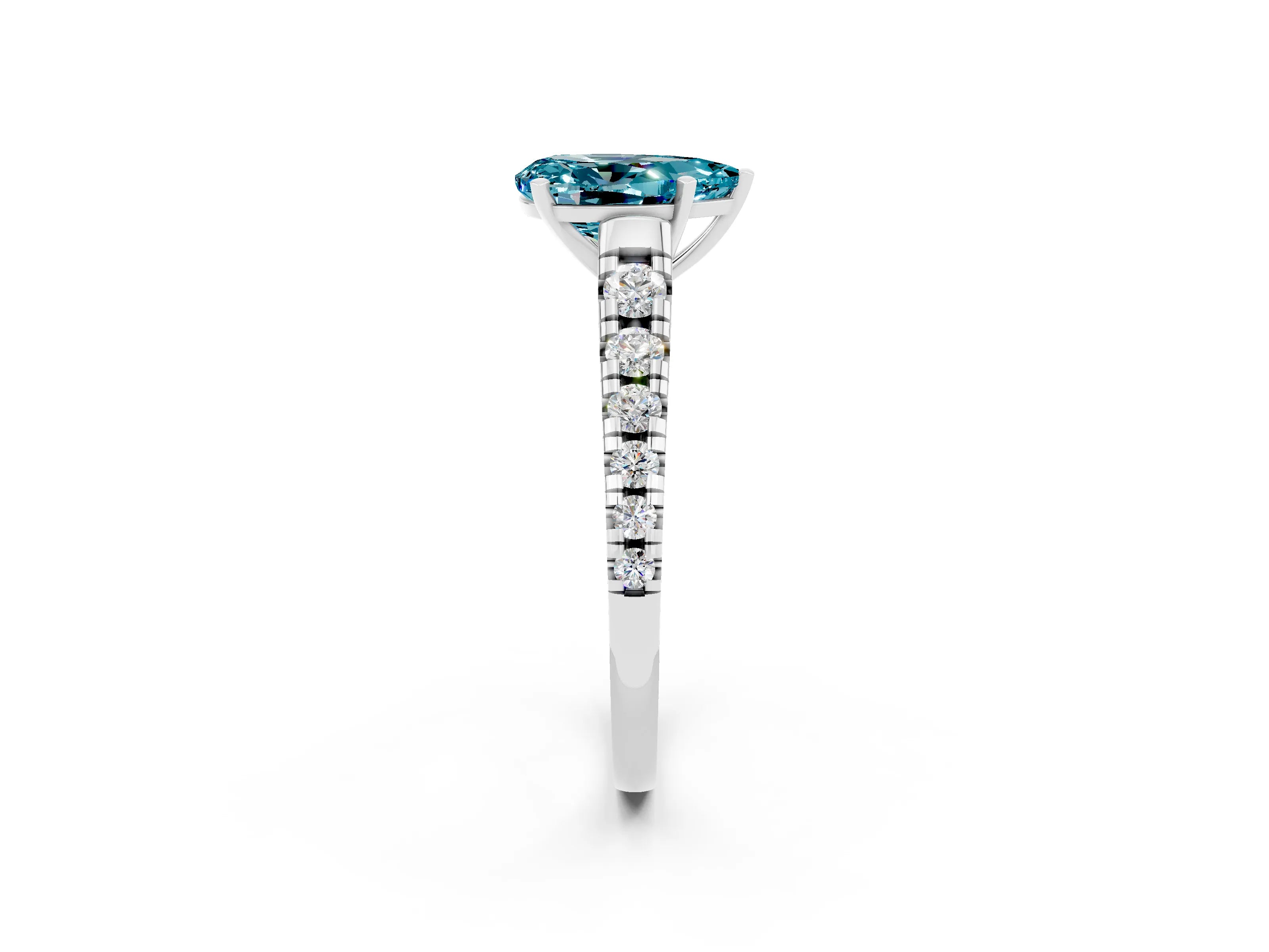 White gold Pear Cut Blue Topaz Solitaire Ring with Cathedral Setting and Pavé Band_2