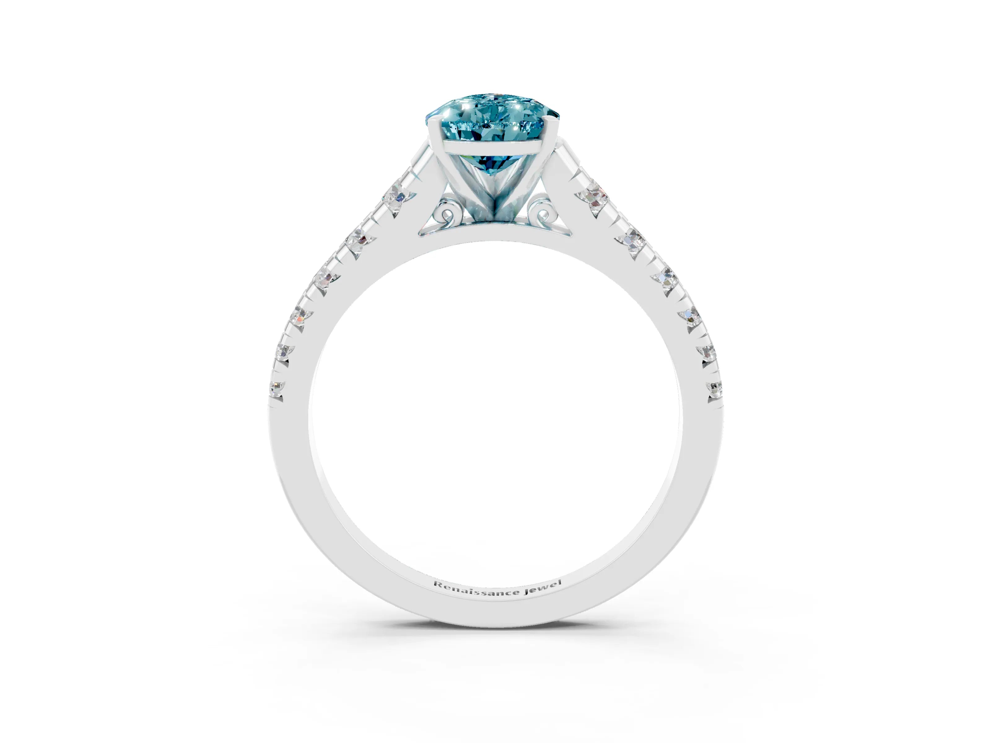 White gold Pear Cut Blue Topaz Solitaire Ring with Cathedral Setting and Pavé Band_3