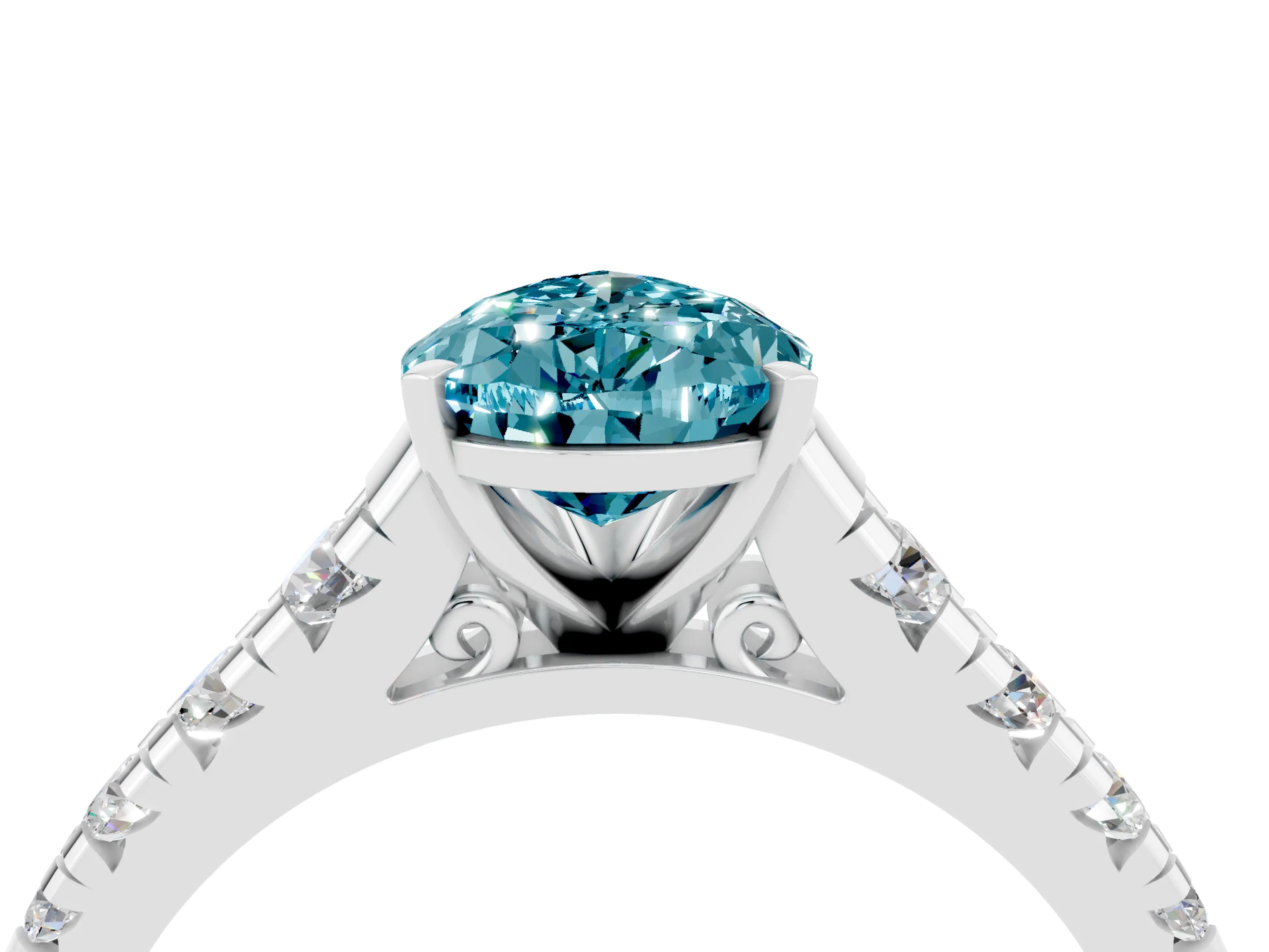 White gold Pear Cut Blue Topaz Solitaire Ring with Cathedral Setting and Pavé Band_4