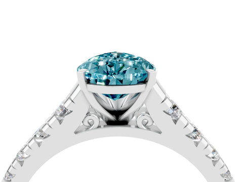 White gold Pear Cut Blue Topaz Solitaire Ring with Cathedral Setting and Pavé Band_4