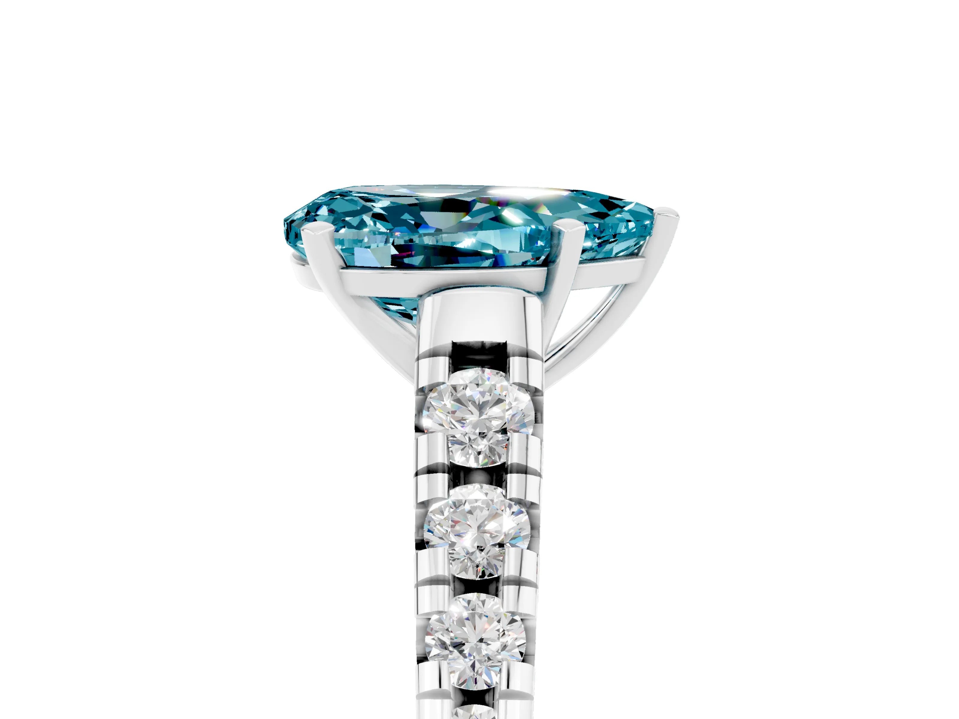 White gold Pear Cut Blue Topaz Solitaire Ring with Cathedral Setting and Pavé Band_5