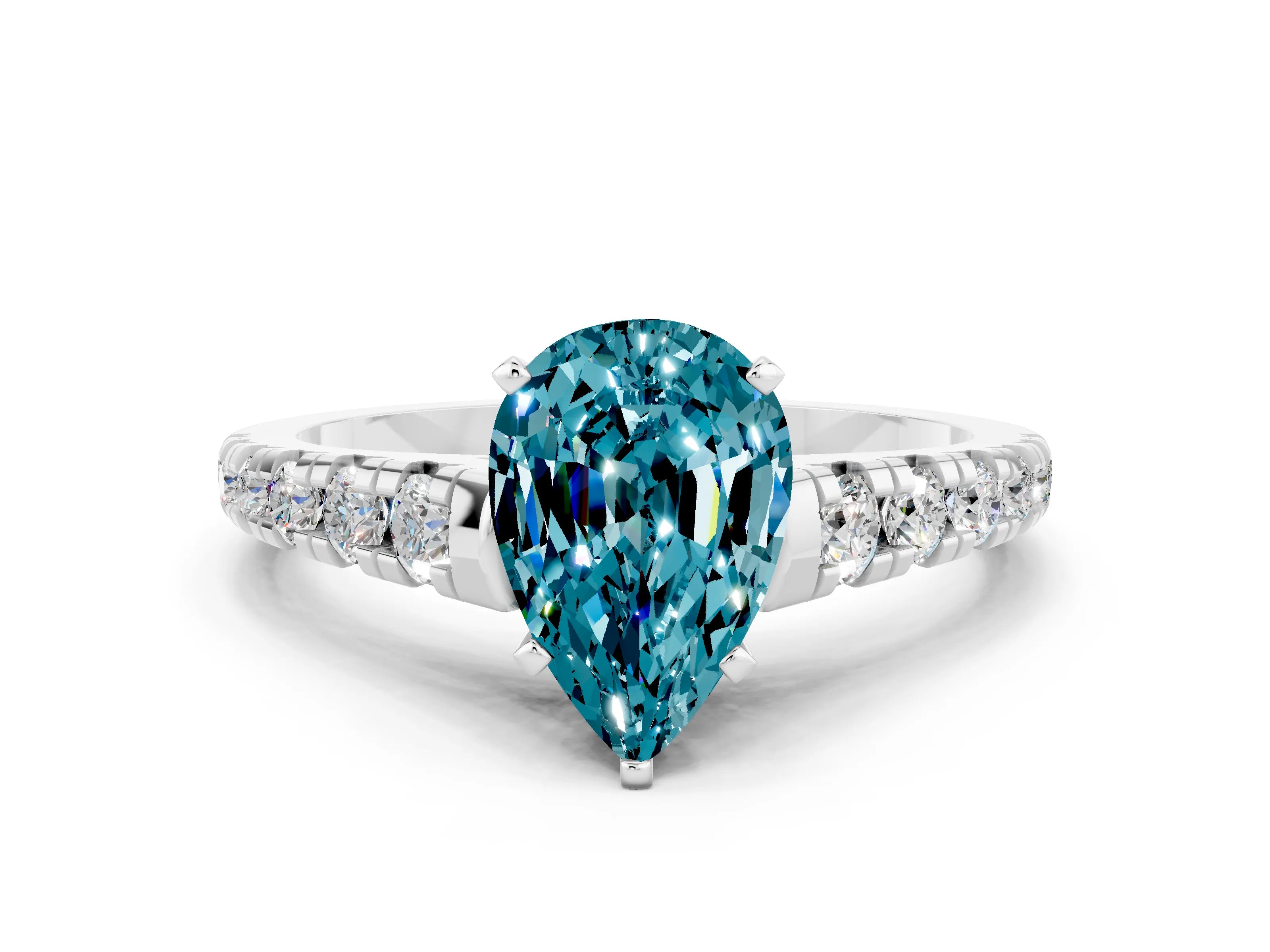 White gold Pear Cut Blue Topaz Solitaire Ring with Cathedral Setting and Pavé Band