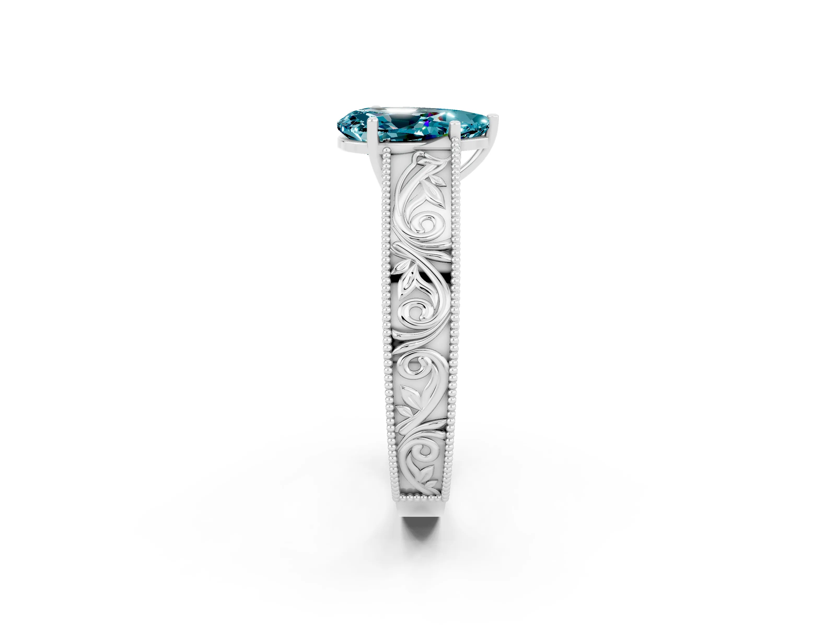 White gold Pear Cut Blue Topaz Solitaire Ring with Engraved Band and Four-Prong Setting_2