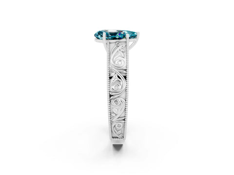 White gold Pear Cut Blue Topaz Solitaire Ring with Engraved Band and Four-Prong Setting_2