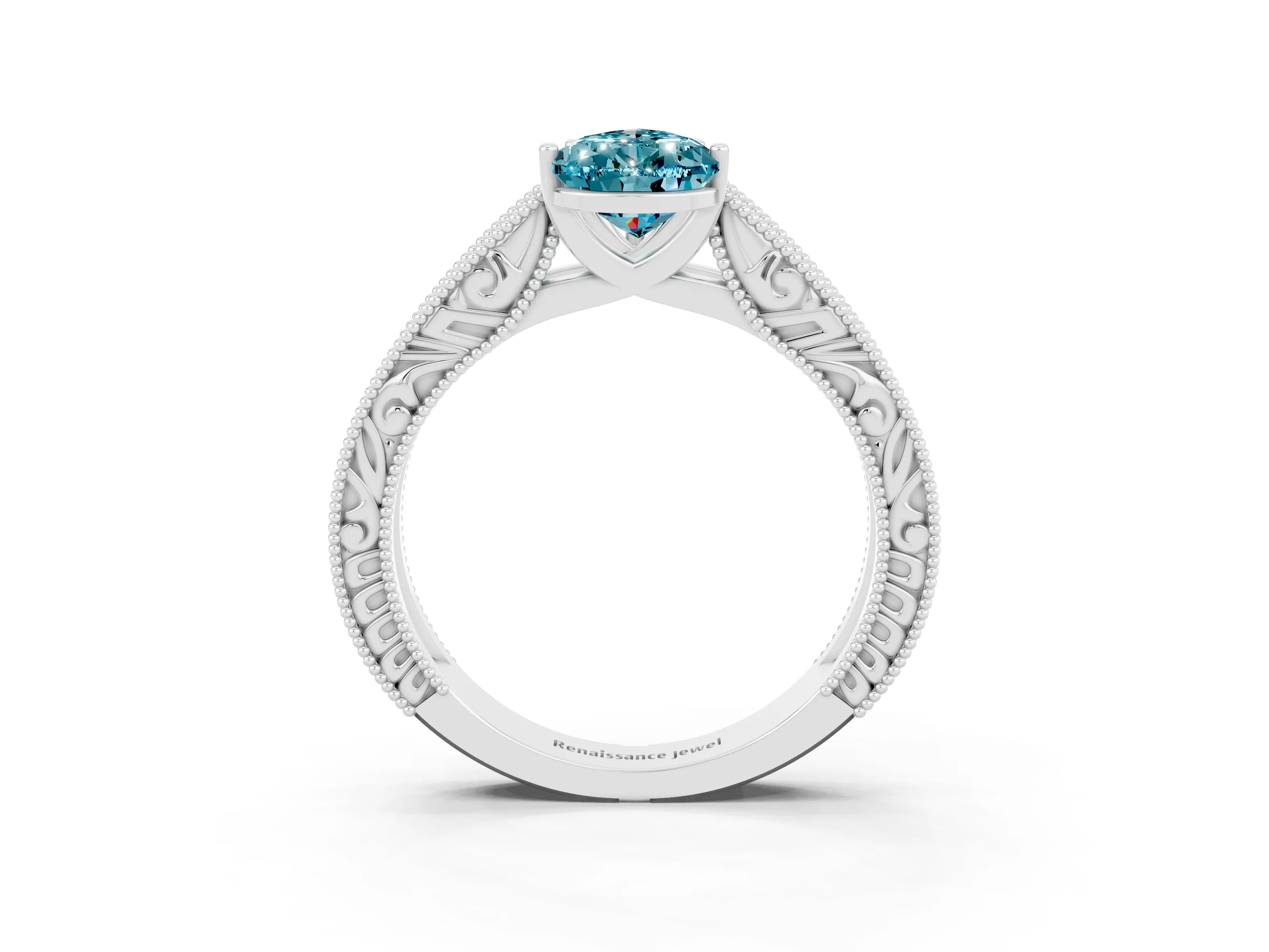 White gold Pear Cut Blue Topaz Solitaire Ring with Engraved Band and Four-Prong Setting_3