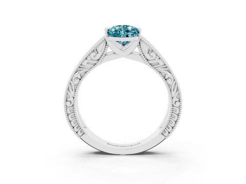 White gold Pear Cut Blue Topaz Solitaire Ring with Engraved Band and Four-Prong Setting_3